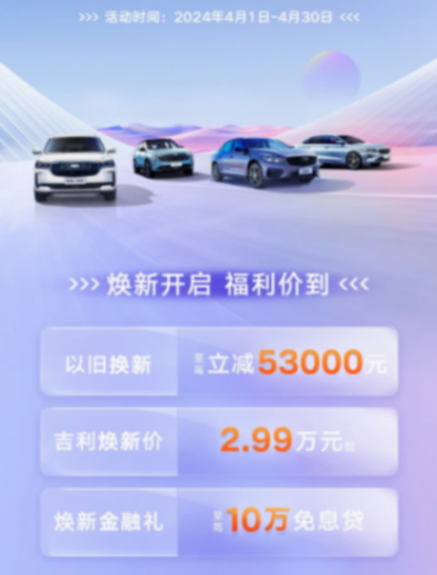 吉利公布4月份购车政策,以旧换新至高抵5.3万,涉及多款主力车型